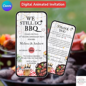 We doen nog steeds een barbecue-uitnodiging. Digitale huwelijksverjaardag achtertuin barbecue uitnodigen met bedankje. Leuke moderne doe-het-zelf bewerkbare sjabloon voor stellen.