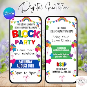 Block Party Invitation. Digital Animated Neighborhood BBQ or Potluck Invite. Colorful Fun Meet The Neighbors eVite. DIY Editable Template.