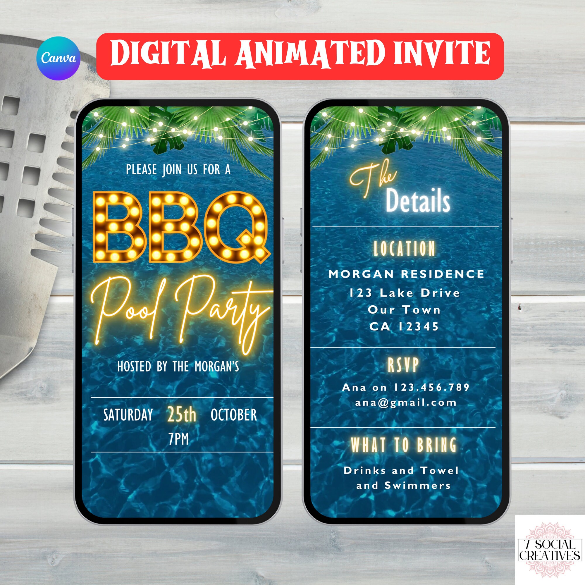 BBQ Pool Party Invitation. Digital Backyard Barbeque and Pool Invite. Animated Friends or Family Tropical Summer Celebration. DIY Template.
