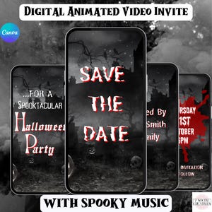 Digital Vintage Halloween Party Save The Date with Spooky Music.  Easy to Edit DIY Template Will Wow Your Guests. Animated Video eVite.