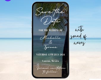 Digital Beach Save The Date Invitation.  Animated Tropical Destination Wedding Invite. Summer Resort Theme eVite. DIY Editable Template.