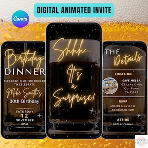 Invitación a una cena sorpresa de cumpleaños para hombres con cerveza. Invitación digital a una fiesta para adultos de cualquier edad. Video eVite animado en negro y dorado para él.