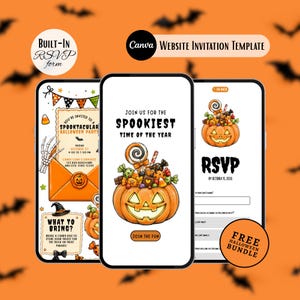 Puede incluir: Tres pantallas de smartphone que muestran una plantilla de invitación para una fiesta de Halloween. Las pantallas presentan una calabaza llena de dulces, sobres naranjas y texto que incluye Join Us For The Spookiest Time Of The Year y RSVP.