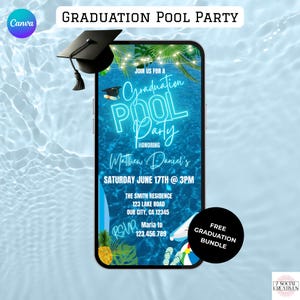 Graduation Pool Party Invitation. Blue Digital Class of 2026 Celebration Invite. College or High School Grad Party eVite. Editable Template.