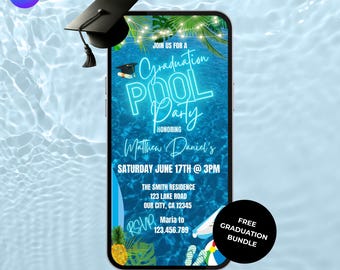 Invitación a fiesta de graduación en la piscina. Invitación digital azul para celebrar la Generación 2026. Invitación electrónica para fiesta de graduación de universidad o preparatoria. Plantilla editable.