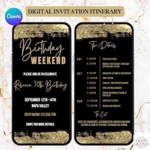 Birthday Weekend Itinerary Invitation Black and Gold.  Digital Animated Mens or Ladies Getaway Holiday Invite. DIY Editable Template.