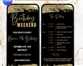 Birthday Weekend Itinerary Invitation Black and Gold.  Digital Animated Mens or Ladies Getaway Holiday Invite. DIY Editable Template.