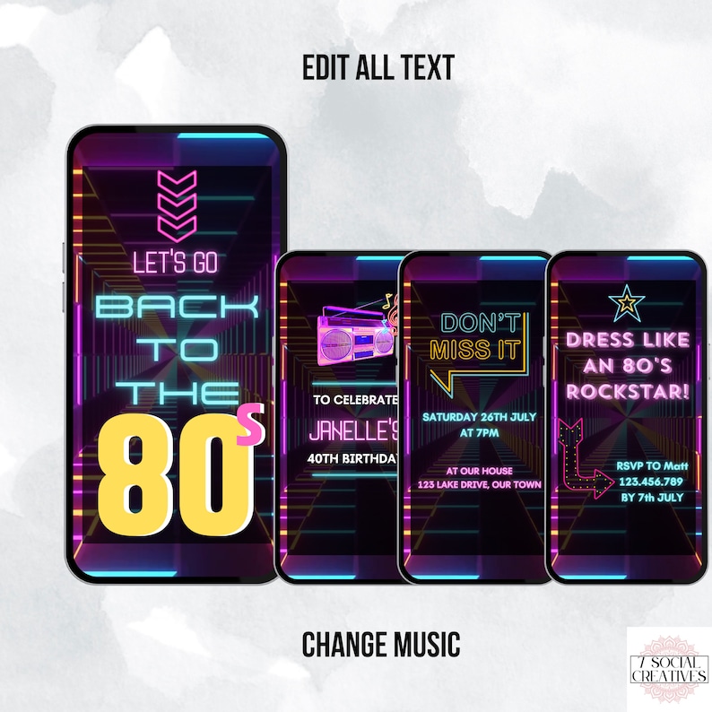 Op de afbeelding: Een digitale uitnodiging voor een feest met een 80s-thema. De uitnodiging heeft een neonroze en -blauw ontwerp met de tekst "Let's Go Back to the 80s". De uitnodiging bevat ook details over het feest, zoals de datum, tijd en locatie.
