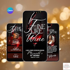 May include: Three smartphone screens displaying event invitations. The central screen features a wine glass graphic with the text "Fine Like Wine." The invitations are for Miranda's 50th birthday, with details on venue, attire, and RSVP information.