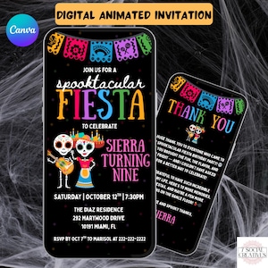 Fiesta Sugar Skull Birthday Invitation. Digital Animated Halloween Any Age Party Invite. Mexican Day of the Dead eVite. DIY Template.