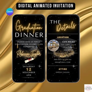 Digital Graduation Dinner Invitation. Class of 2026 Party Invite.  Black and Gold College or High School Grad eVite. DIY Editable Template.