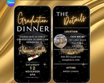 Digital Graduation Dinner Invitation. Class of 2026 Party Invite.  Black and Gold College or High School Grad eVite. DIY Editable Template.