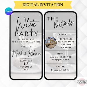Invito per festa in bianco. Invito per compleanno o festa digitale Night In All White. Summer White Out eVite. Modello Canva modificabile fai da te.