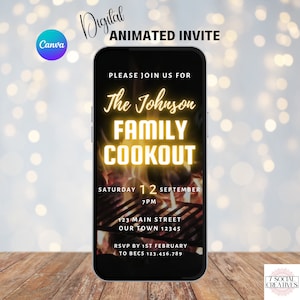 Family Cookout Invitation.  Digital Animated Backyard BBQ Invite with Flames. Summer Barbeque Reunion Get Together eVite. DIY Template.