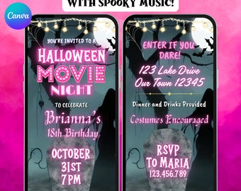 Girls Halloween Movie Night Birthday Invitation. Digital Animated Scary Horror Party Invite with Spooky Music. Pink eVite. DIY Template.