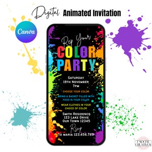 Farbe Party einladen. Digital Animierte Tik Tok Challenge Platte oder Korb Color Party Einladung.  DIY bearbeitbare Vorlage. Per Telefon senden.