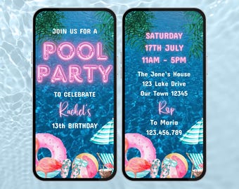 Girls Pool Party Invite.  Digital Animated Birthday Summer Invitation. Neon Pink Teen or Kids Tropical Summer eVite.  DIY Editable Template.