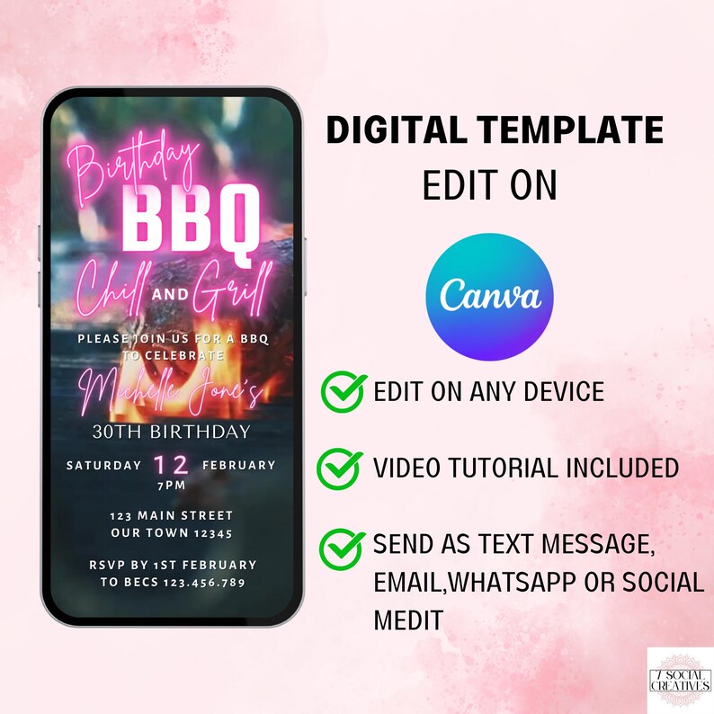 May include: A digital birthday BBQ invitation template displayed on a smartphone screen. The design features neon pink text reading Birthday BBQ Chill and Grill, with event details including date, time, location, and RSVP information. Includes a Canva logo.