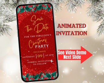 Modèle d'invitation numérique animé de Noël Save The Date en rouge. Invitation de vacances de saison festive pour une fête de Noël ou un dîner. Facile à modifier.