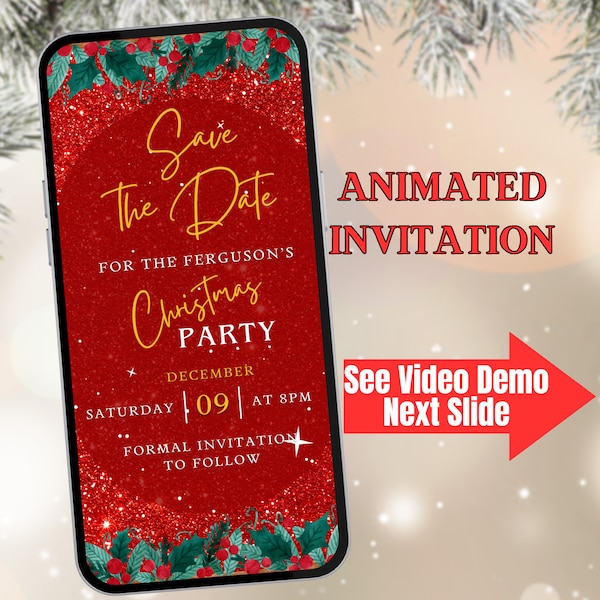 Christmas Save The Date Animated Digital Invitation Template In Red.  Festive Season Holiday Invite for Xmas Party or Dinner. Easy To Edit.