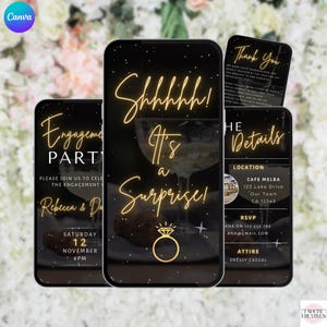 Surprise Engagement Party Invitation in Black and Gold.  Digital Animated Wedding Engagement Invite.  DIY Editable Template. Send by Phone.
