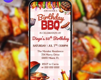 Digital Birthday BBQ Chill and Grill Invitation. Animated Barbeque Party Invite in Neon Pink. Ladies Rustic eVite. DIY Editable Template.