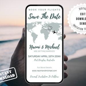 Bestimmungsort Hochzeit Save The Date Mit Karte.  Moderne minimalistische digitale Einladung perfekt für ein Inselresort oder eine Hochzeit im Ausland.