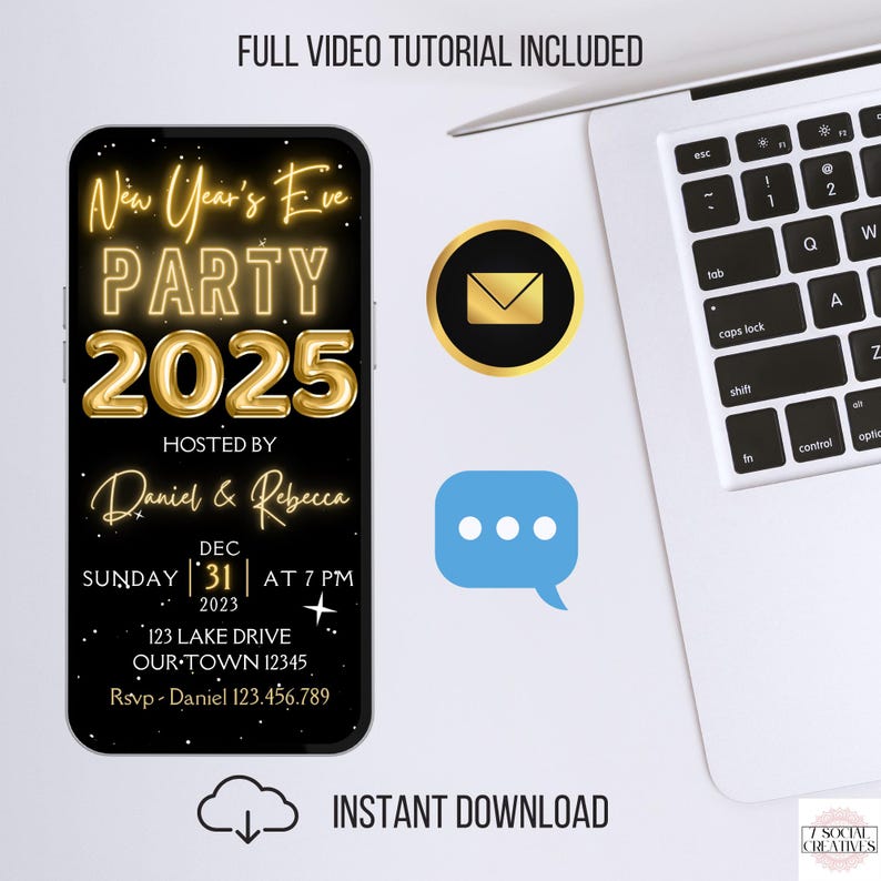 2025 New Years Eve Invite. Elegant Digital Animated New Years Party Invitation Template in Black and Gold. DIY Editable Tempalte. image 5