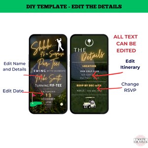 May include: A digital invitation template for a golf-themed party. The template features a golf ball with a green background and the text "Shhh... it's a Surprise Par-Tee!" and "Swing by to celebrate Mike Smith turning fif-tee". The date is December 13th at 2 PM. The template also includes a section for the details of the event, including the location, RSVP information, and a golf cart graphic.