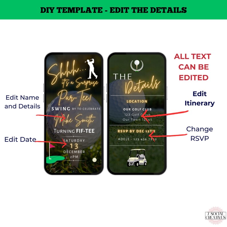 May include: A digital invitation template for a golf-themed party. The template features a golf ball with a green background and the text "Shhh... it's a Surprise Par-Tee!" and "Swing by to celebrate Mike Smith turning fif-tee". The date is December 13th at 2 PM. The template also includes a section for the details of the event, including the location, RSVP information, and a golf cart graphic.