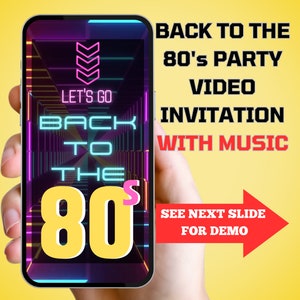 Back To The 80s Party Invitation. This 1980s Theme Birthday Invite Features Animated Neon With 80's Music Background. Simple To Edit. image 1