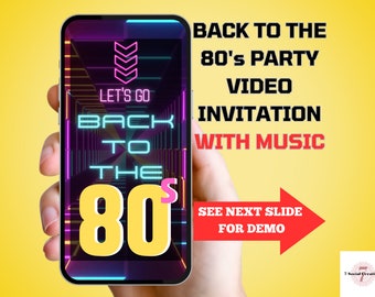 Volver a la invitación a la fiesta de los 80. Esta invitación de cumpleaños con tema de los años 80 presenta neón animado con música de fondo de los 80. Fácil de editar.