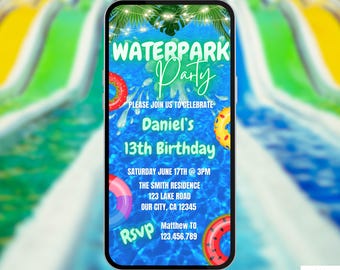 Jungen Wasserpark-Geburtstags-Einladung. Digital Green Water Park Party einladen. Wasserrutsche Splash eVite. Kinder oder Teenager DIY bearbeitbare Vorlage.