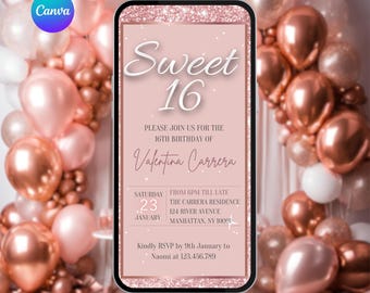 Invitación de quinceañera en oro rosa. Invitación digital animada para fiesta de 16 años. Elegante invitación para chicas de 16 años. Plantilla editable.