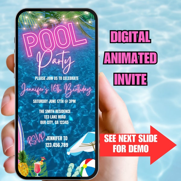 Pool Party Birthday Invitation Video. Neon Pink Teen or Kids Girls Tropical Summer Invite.  DIY Editable Canva Template. Send by Phone.