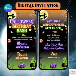 May include: A digital invitation for a Halloween birthday bash for Megan's 11th birthday and Daniel's 9th birthday. The invitation features a black background with a witch flying on a broomstick, a cauldron, and a green and purple potion bottle. The text on the invitation says "Halloween Birthday Bash" and includes the date and time of the party. The invitation also includes the address of the party and an RSVP contact.