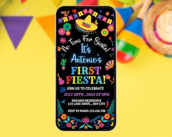 First Fiesta Birthday Invitation with Mariachi Music. Digital Animated Boys Mexican Theme 1st Birthday Invite. DIY Editable Canva Template.