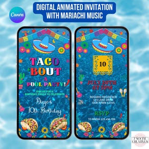 Taco Bout A Pool Party Invitation with Mariachi Music. Digital Any Age Fiesta Birthday Invite. Mexican Celebration eVite. DIY Template.