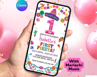 1st Fiesta Birthday Invitation. Digital Mexican Party Theme Invite. Animated with Mariachi Music for First Birthday Girl. DIY Template.