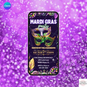 Mardi Gras Invitation. Digital Birthday Party Masquerade Mask Invite. Festive Elegant Purple and Gold Friends and Family eVite. DIY Template