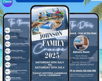 Family Cruise Itinerary Invitation.  Digital 2025 Family Reunion Trip Invite. Vacation Planner.  Holiday eVite. DIY Editable Canva Template.