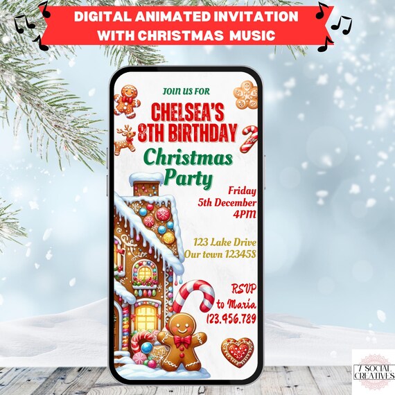 Kids Christmas Birthday Party Invitation. Digital Animated Xmas