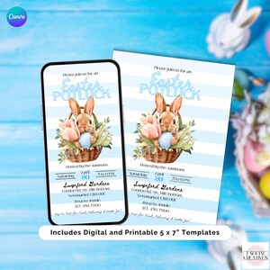 May include: Digital and printable Easter potluck invitation templates. The design features a watercolour illustration of a bunny holding an egg in a basket of flowers. The invitation is 12.7 x 17.8 cm and includes event details.