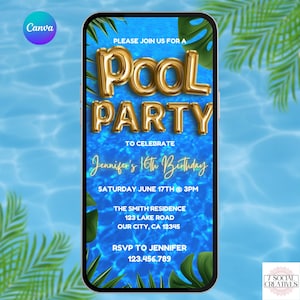 Pool Party Invitation. Digital Animated Tropical Beach Birthday Invite.  For Teens, Kids, Adults. Boys or Girls Fun DIY Editable Template.
