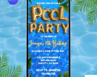 Pool Party Invitation. Digital Animated Tropical Beach Birthday Invite.  For Teens, Kids, Adults. Boys or Girls Fun DIY Editable Template.