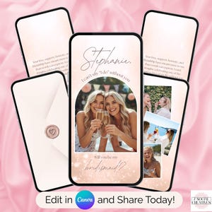 Puede incluir: Un conjunto de plantillas digitales para propuestas de dama de honor mostradas en varias pantallas de teléfonos inteligentes. Los diseños presentan un degradado rosa suave, una foto de dos personas brindando con champán y texto que incluye "Stephanie, I can't say 'I do' without you" y "Will you be my bridesmaid?"