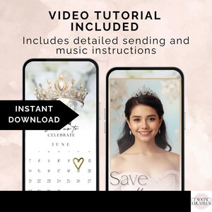 May include: Digital wedding invitation template with a calendar for June and a photo of a woman wearing a tiara. The text includes "Video Tutorial Included" and "Instant Download."