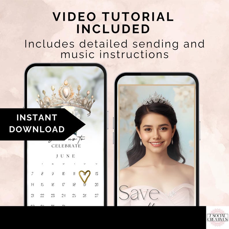 May include: Digital wedding invitation template with a calendar for June and a photo of a woman wearing a tiara. The text includes "Video Tutorial Included" and "Instant Download."