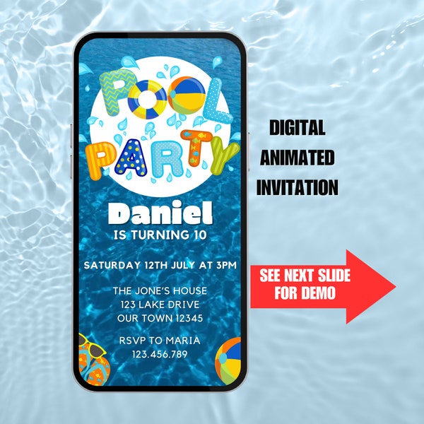 Kids Pool Party Invite. Digital Animated Birthday Invitation For Boy or Girls. Summer Theme eVite for Tween or Teens. DIY Editable Template.