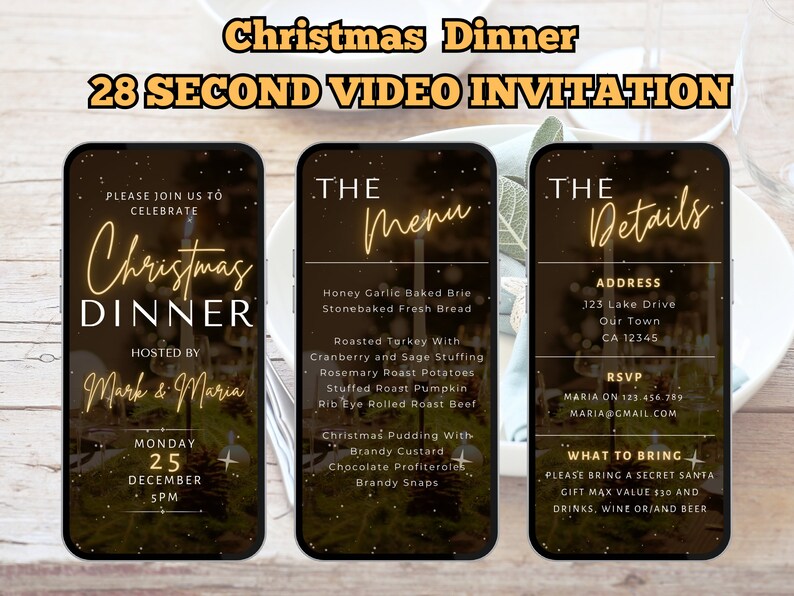 Digital Christmas Dinner Invitation With Menu. Animated Video Xmas